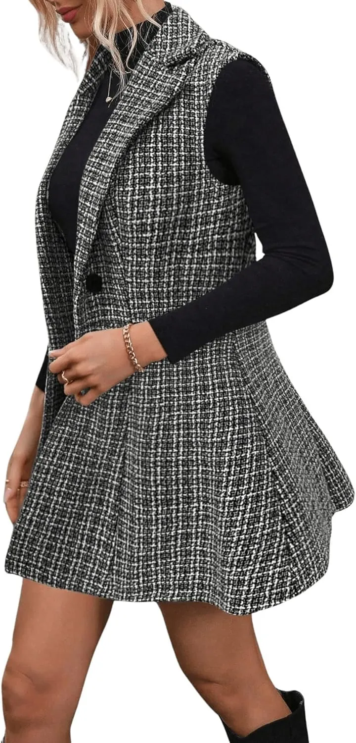 Floerns Women's 2 Piece Outfit Workwear Plaid Print Lapel Neck Vest Blazer and Skirt Set