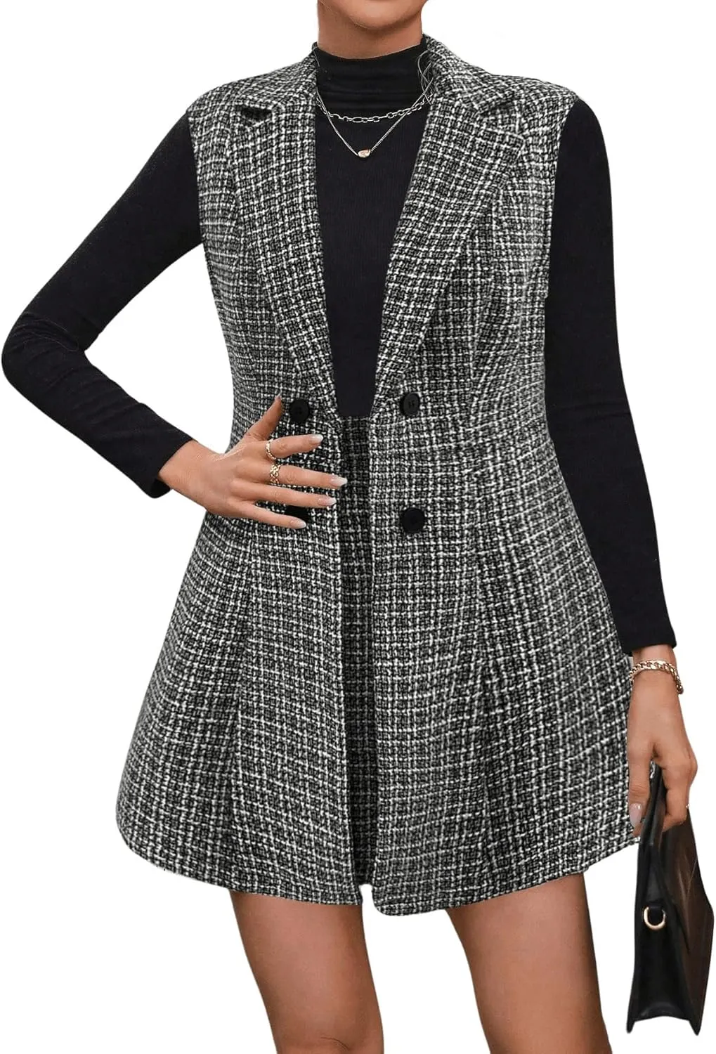Floerns Women's 2 Piece Outfit Workwear Plaid Print Lapel Neck Vest Blazer and Skirt Set