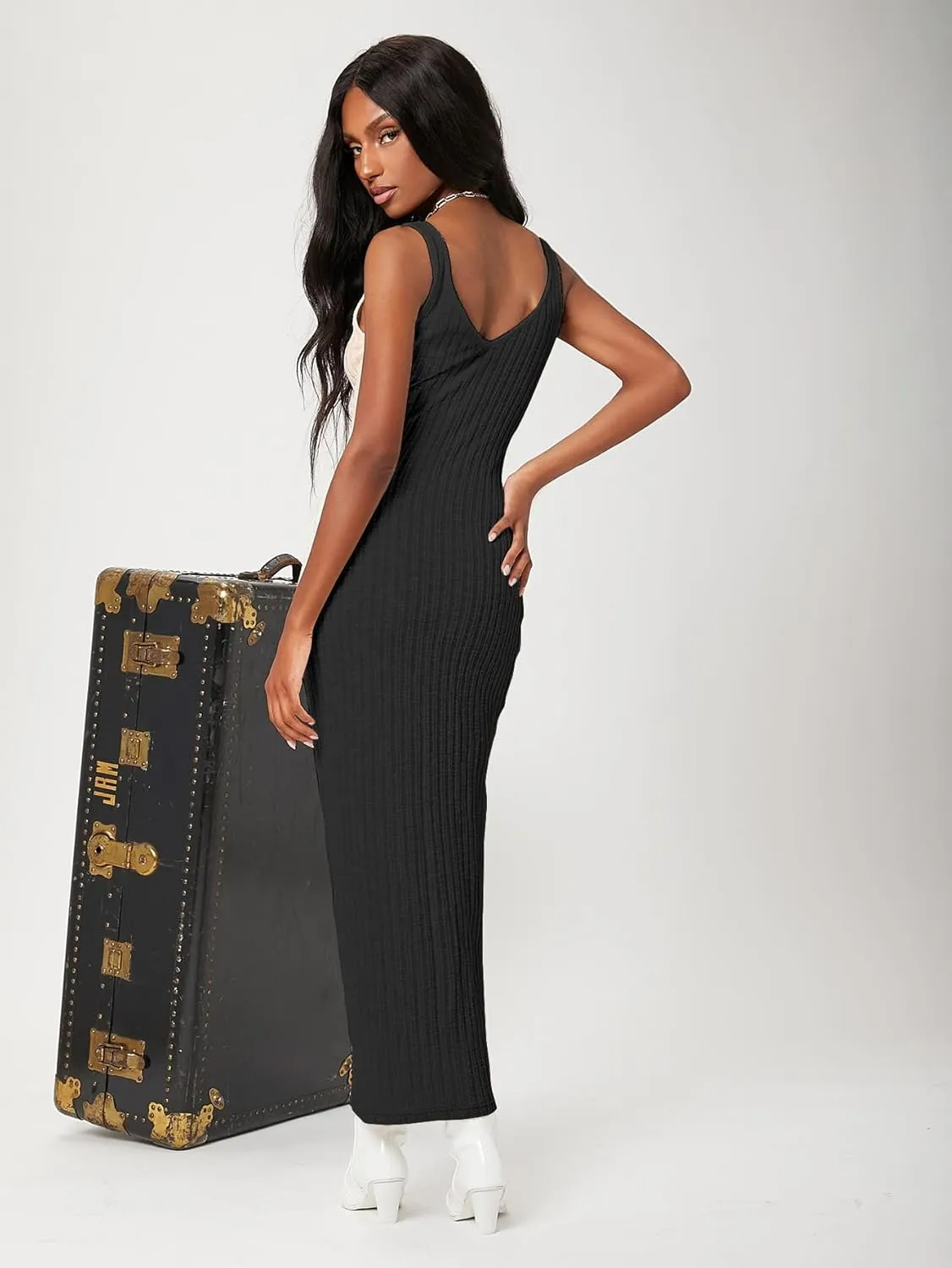 Floerns Women's Sexy Bodycon Tank Dress Ribbed Knit V Neck Sleeveless Midi Club Party Dresses