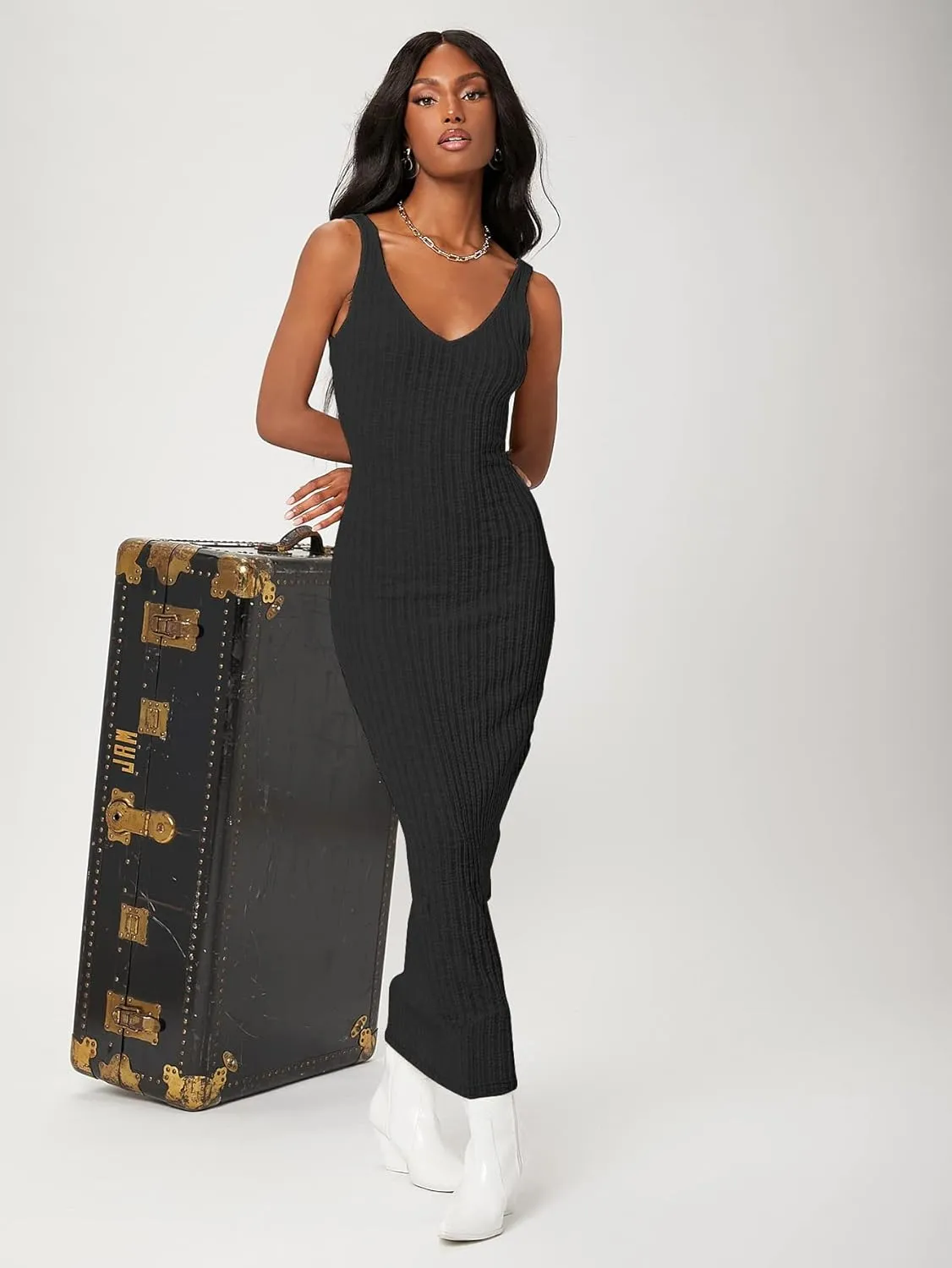 Floerns Women's Sexy Bodycon Tank Dress Ribbed Knit V Neck Sleeveless Midi Club Party Dresses
