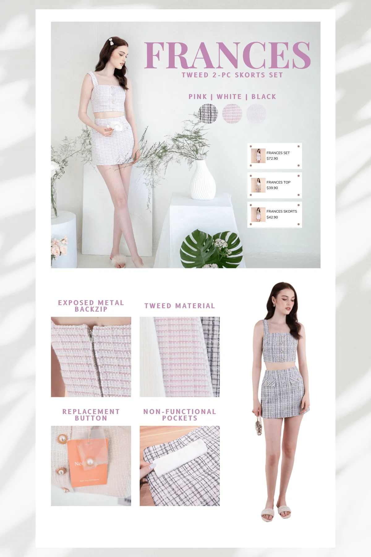 FRANCES TWEED 2-PC SKORTS SET IN PINK
