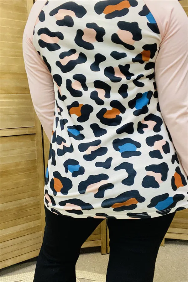 GJQ13384 Leopard multi color printed pink raglan long sleeves for women tops