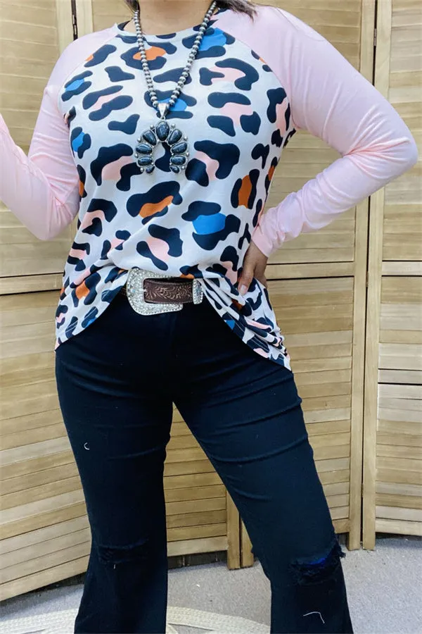 GJQ13384 Leopard multi color printed pink raglan long sleeves for women tops