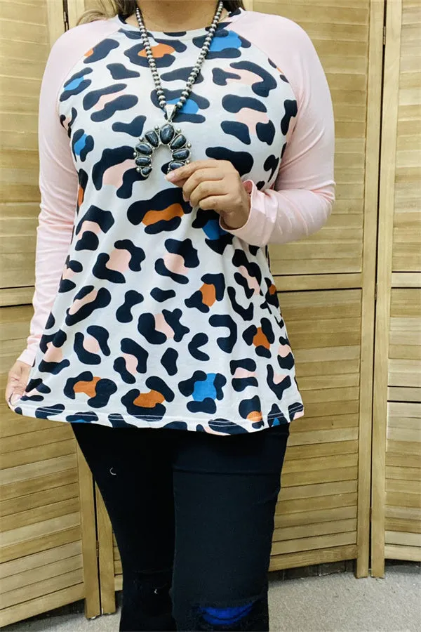 GJQ13384 Leopard multi color printed pink raglan long sleeves for women tops