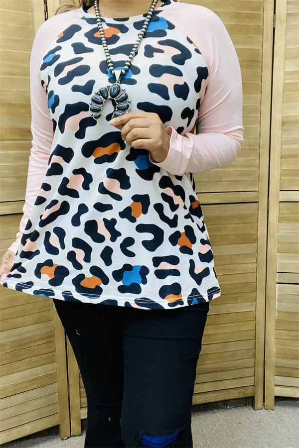 GJQ13384 Leopard multi color printed pink raglan long sleeves for women tops
