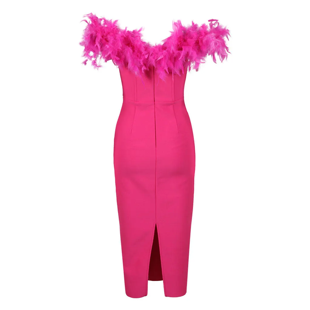 Glamorous Feather Trim Crystal Off The Shoulder Bandage Cocktail Midi Dress