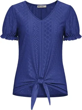 GRACE KARIN Women's 2025 Summer Tops Short Sleeve V Neck Basic T Shirts Dressy Casual Tie Front Tops Eyelet Blouses Tunic