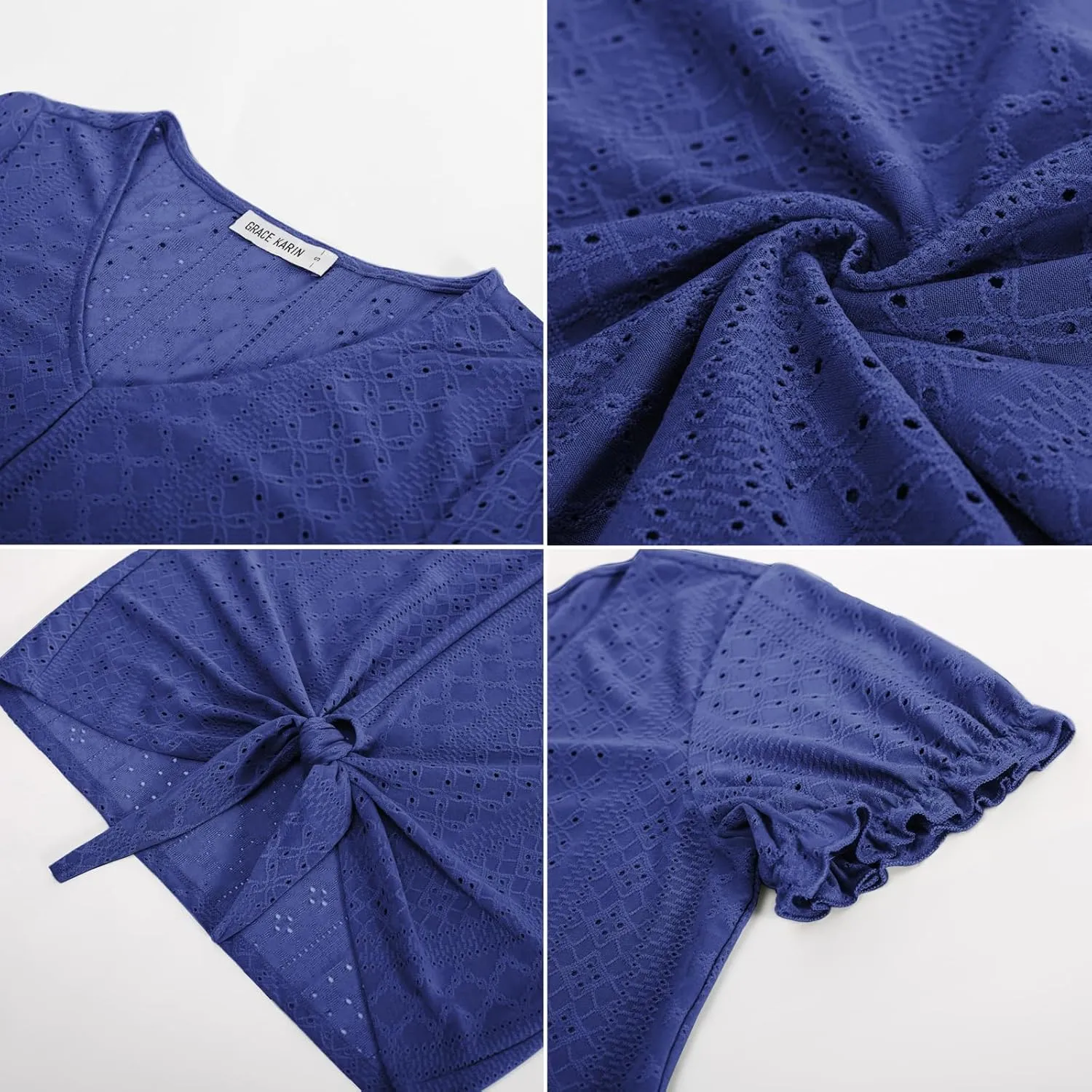 GRACE KARIN Women's 2025 Summer Tops Short Sleeve V Neck Basic T Shirts Dressy Casual Tie Front Tops Eyelet Blouses Tunic