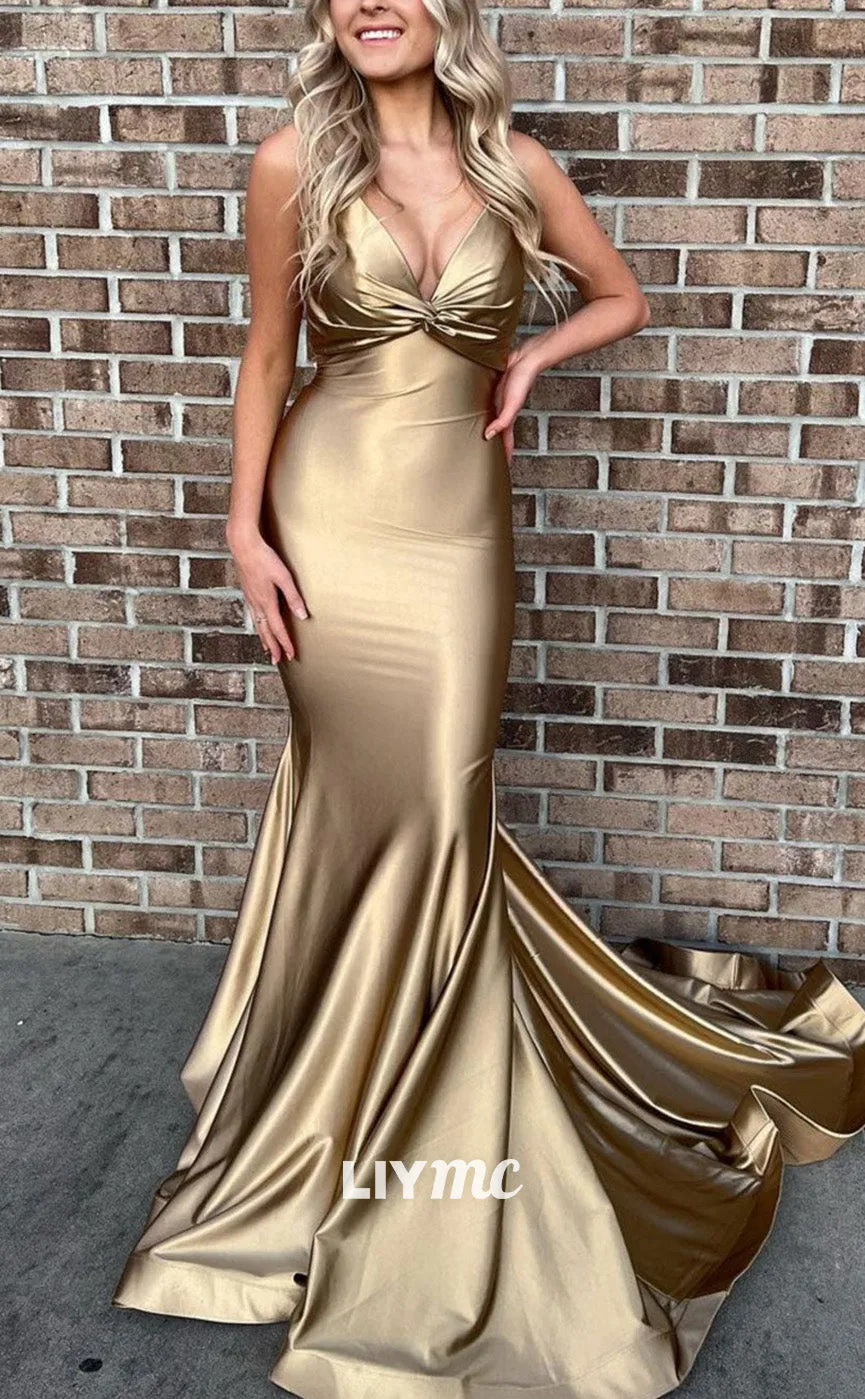 LP1919 - Simple Gold Satin Mermaid Long Prom Dress, Gold Evening Dress