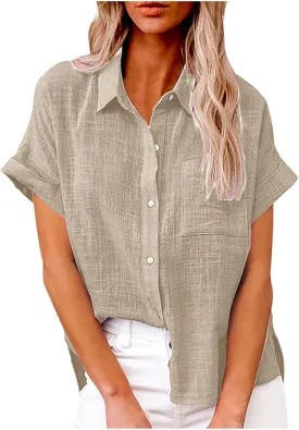 LRMQS Linen Shirts for Women Short Sleeve Summer 2024 Button Down Shirt Blouse Collared Casual Trendy Loose Tops Clothing