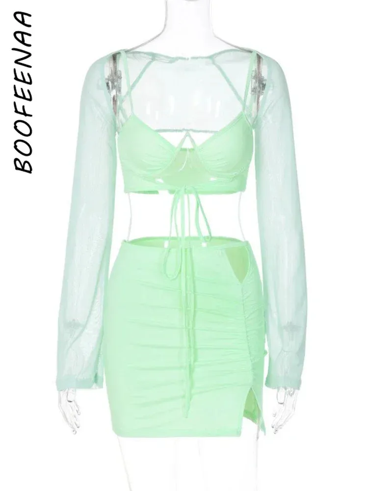 LVSANW BOOFEENAA Sexy 3 Three Piece Sets Bodycon Mini Dress Club Outfits Women Fall Clothing Mint Green Mesh Top Skirt Sets C70-CG17