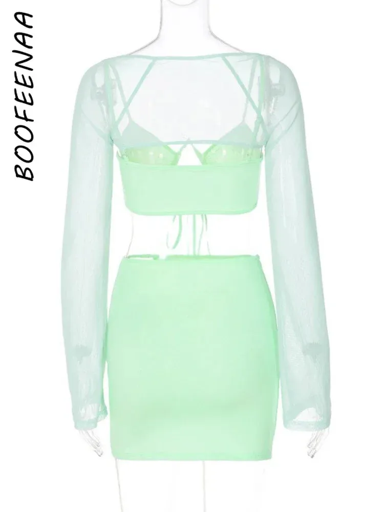LVSANW BOOFEENAA Sexy 3 Three Piece Sets Bodycon Mini Dress Club Outfits Women Fall Clothing Mint Green Mesh Top Skirt Sets C70-CG17