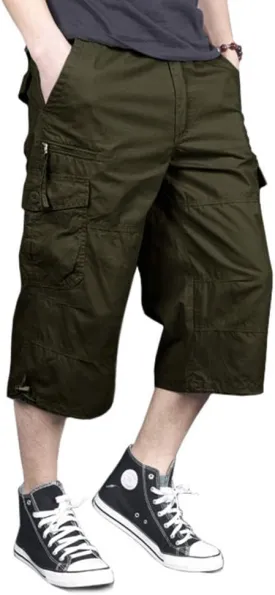 MAGNIVIT Men's Capri Long Elastic Cargo Shorts Below Knee Shorts 3/4 Cotton Cargo Casual Shorts with Multi-Pockets