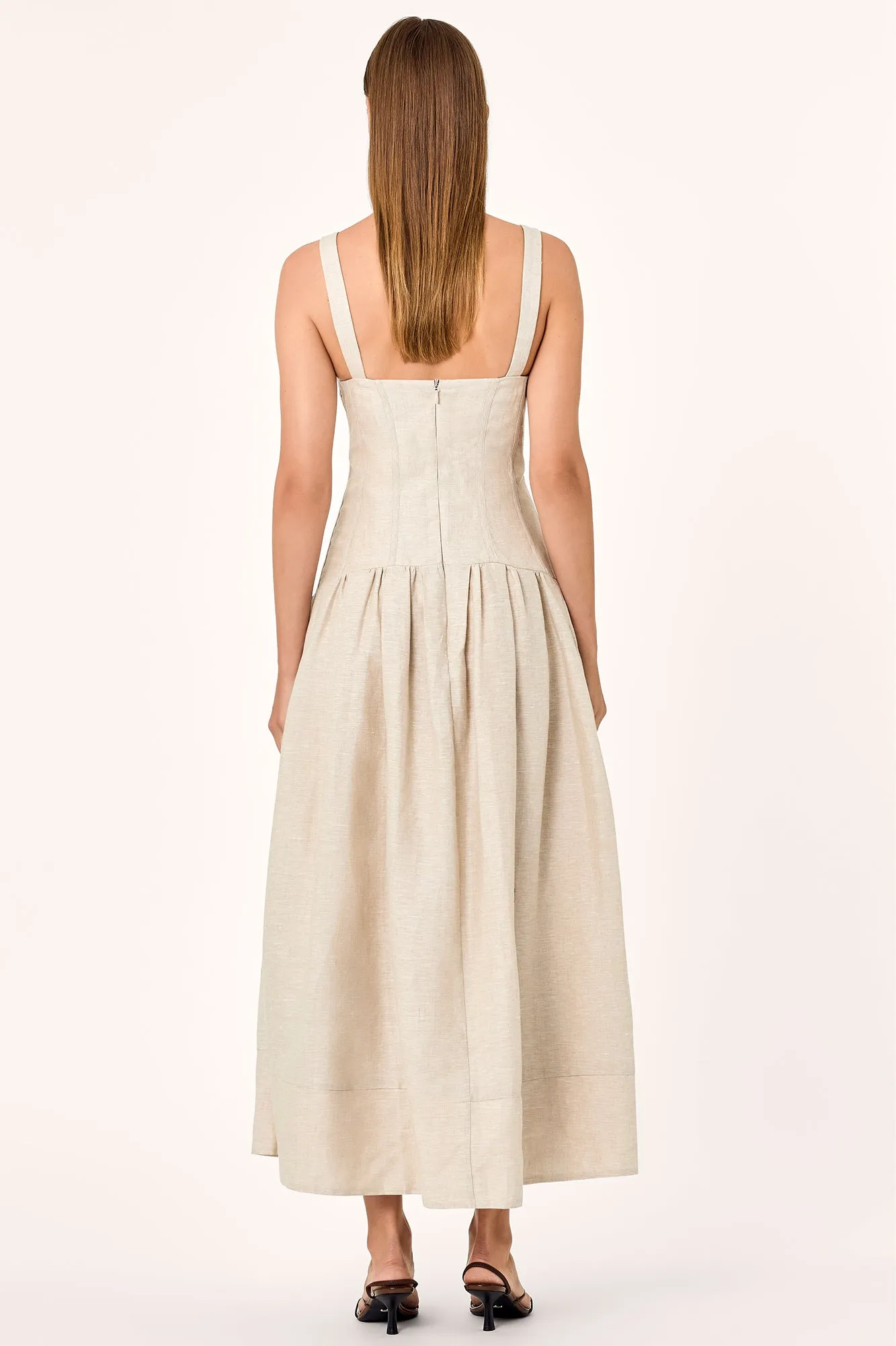 MAKENNA DROP WAIST CORSET MIDI DRESS - OAT