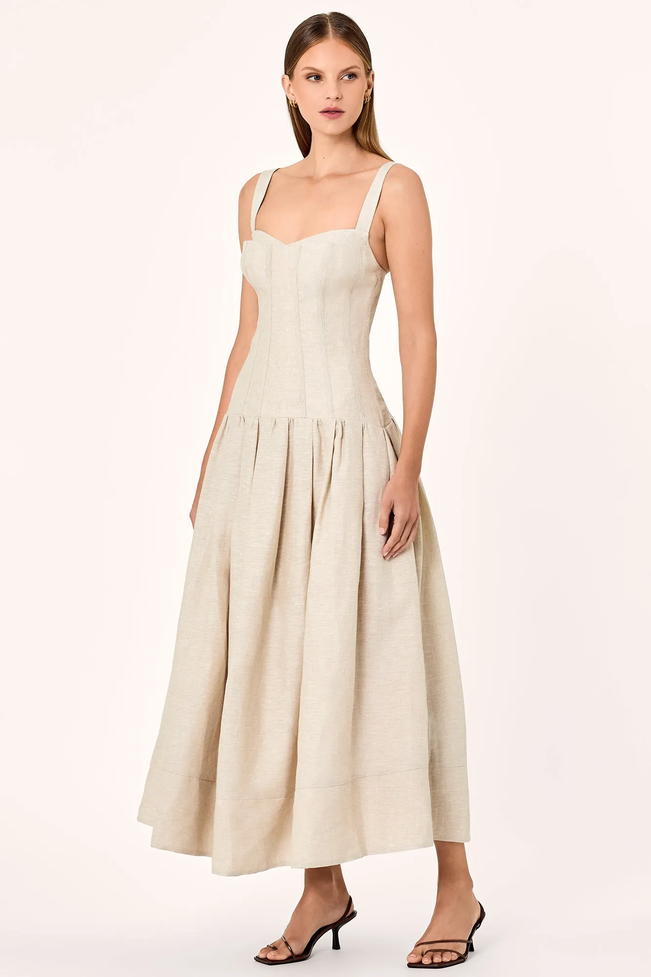 MAKENNA DROP WAIST CORSET MIDI DRESS - OAT