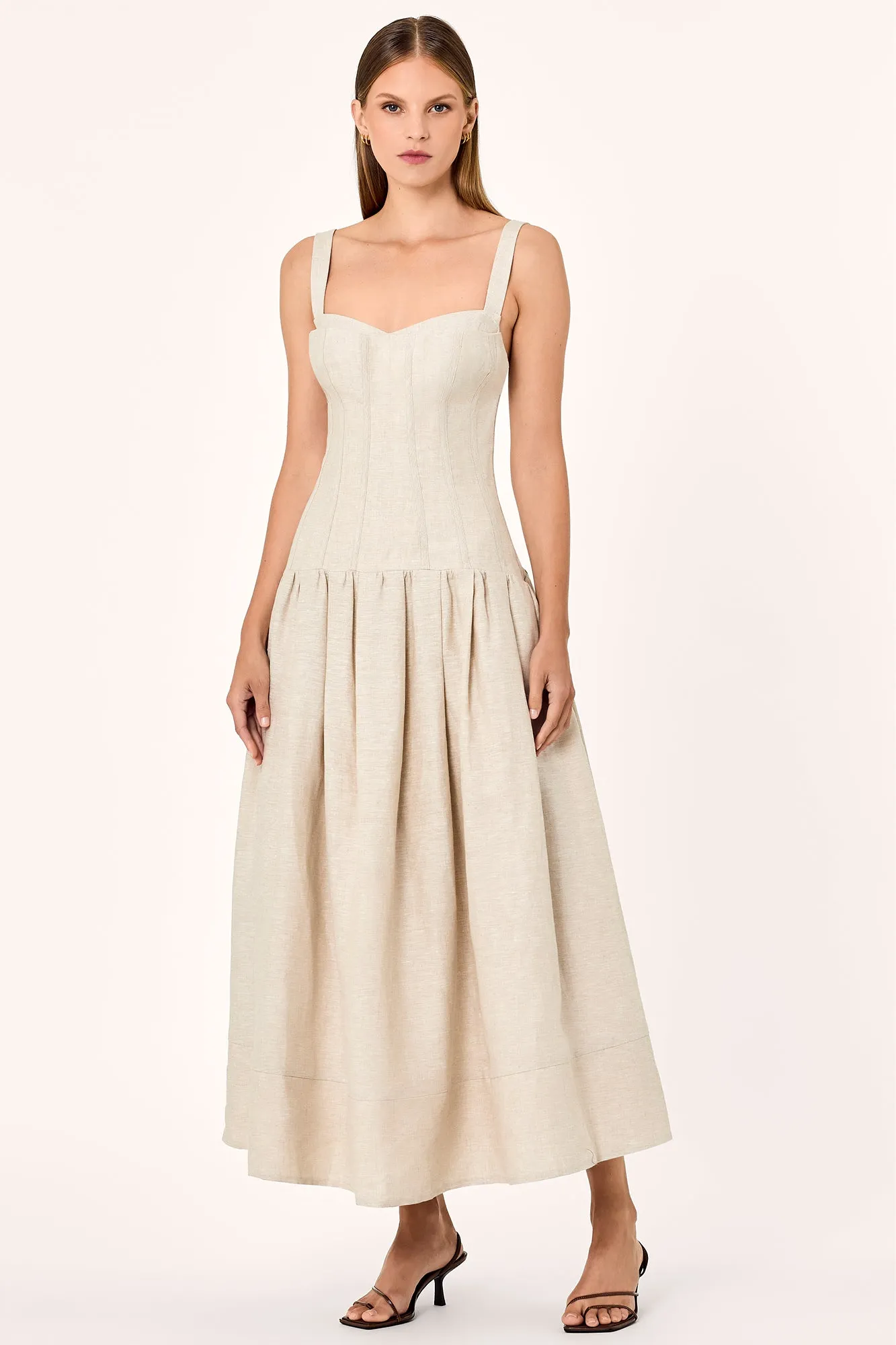 MAKENNA DROP WAIST CORSET MIDI DRESS - OAT