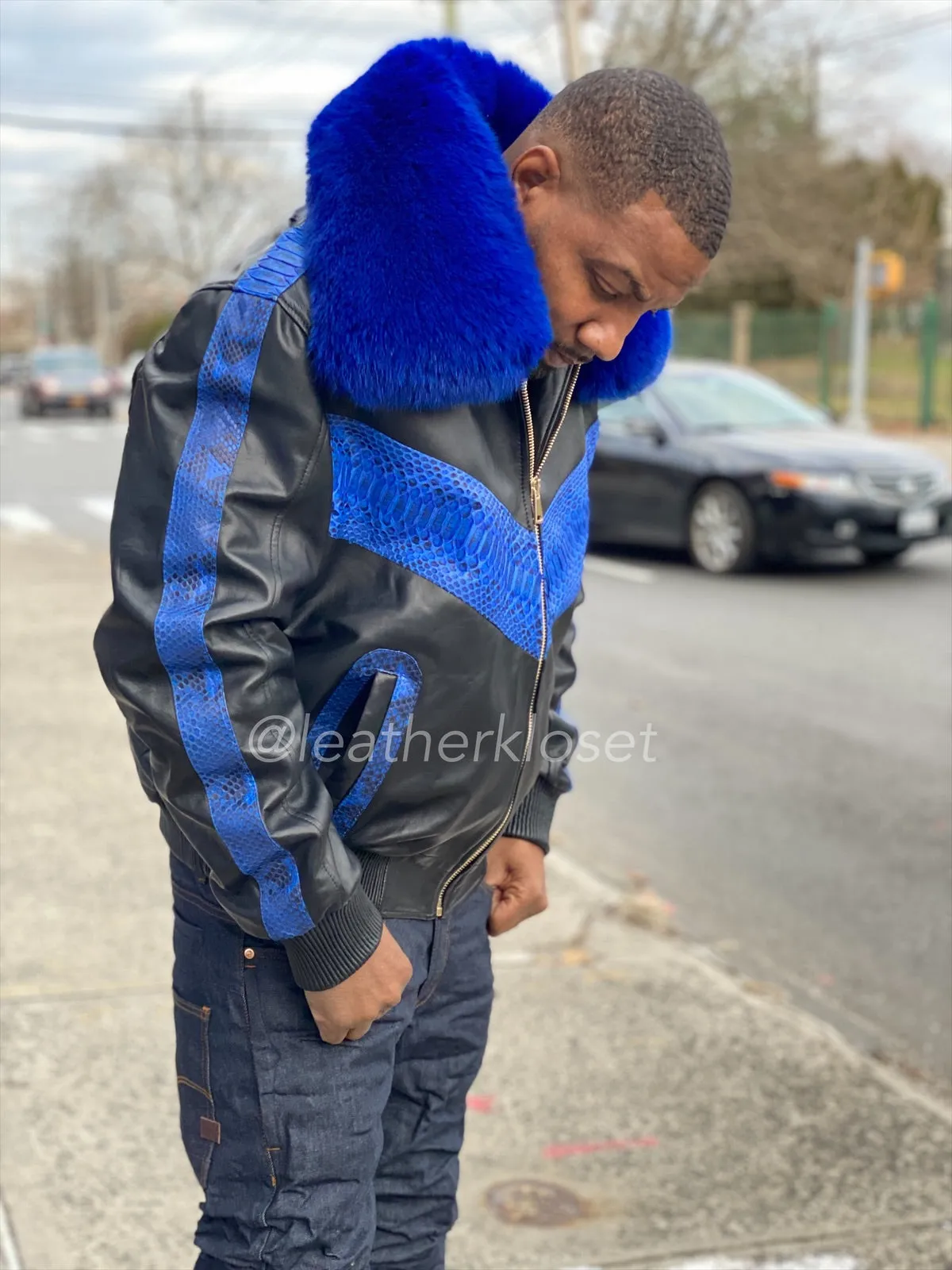 Men's Real Python And Leather Bomber Jacket With Fox