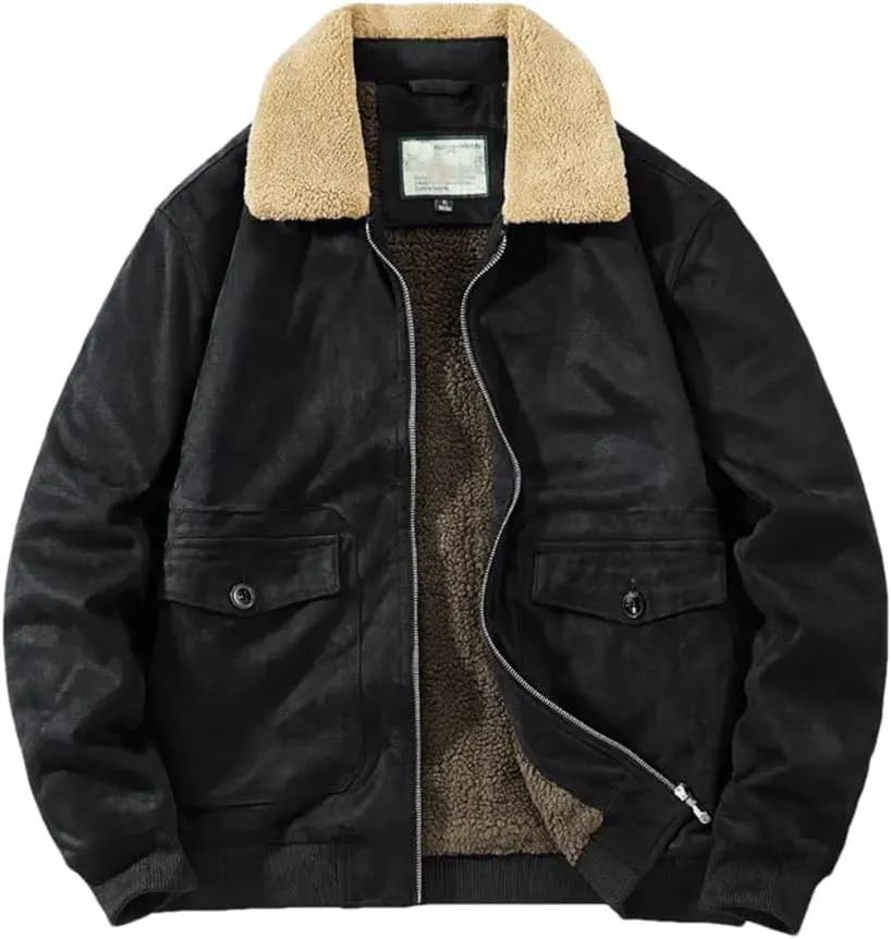 Mens Winter Suede Leather Jackets Fleece Lined Vintage Overcoat Outwear Coats for Male Warm Windbreak