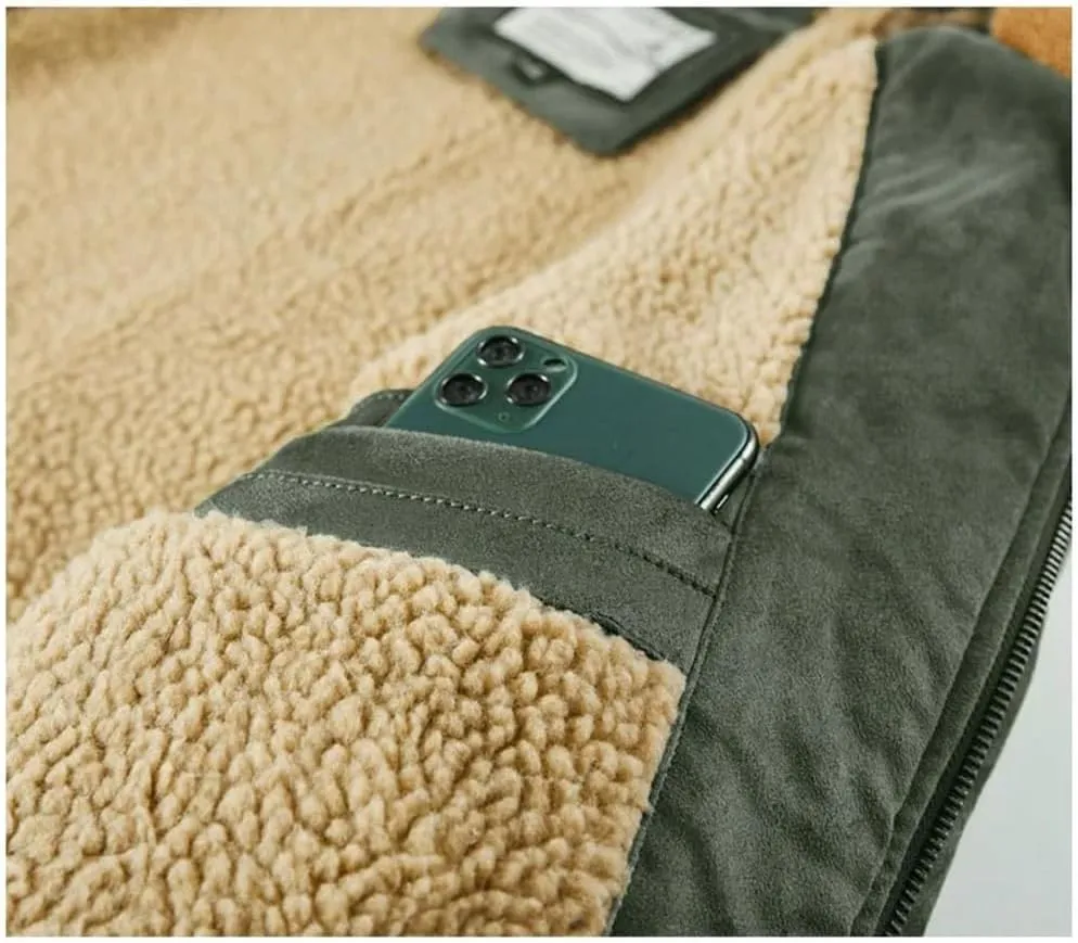 Mens Winter Suede Leather Jackets Fleece Lined Vintage Overcoat Outwear Coats for Male Warm Windbreak