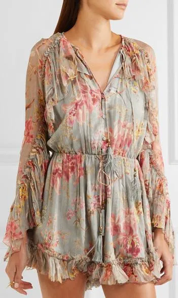 'Mercer' Floating Ruffled Floral-Print Silk Georgette Playsuit