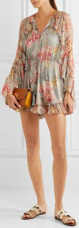 'Mercer' Floating Ruffled Floral-Print Silk Georgette Playsuit