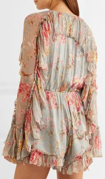 'Mercer' Floating Ruffled Floral-Print Silk Georgette Playsuit