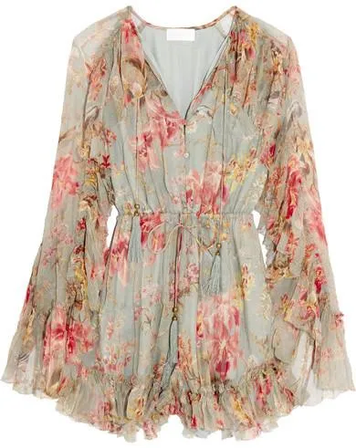 'Mercer' Floating Ruffled Floral-Print Silk Georgette Playsuit