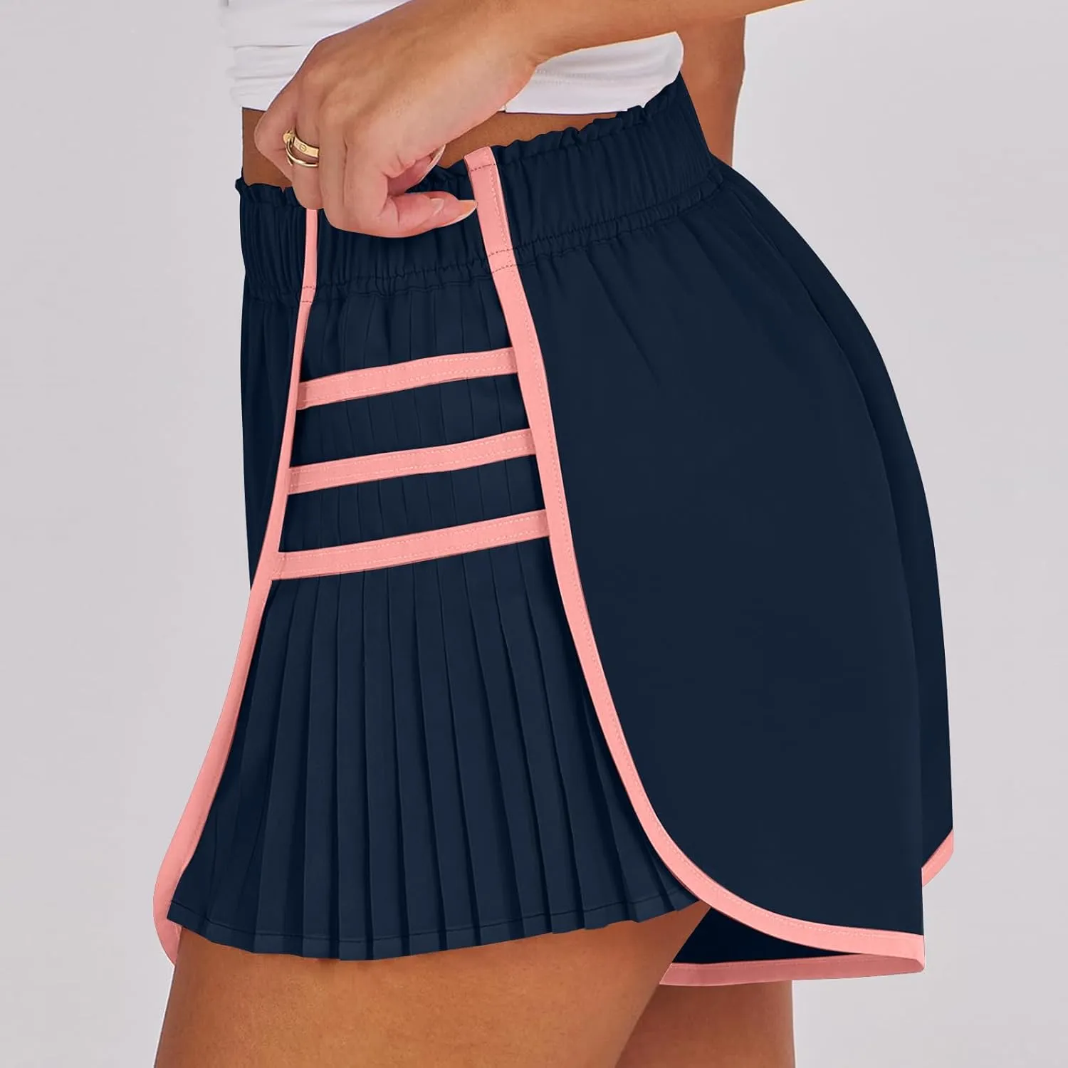 midelxp Women's Athletic Shorts High Waisted Contrast Color Quick Dry Running Shorts Comfy Loose Flowy Pleated Tennis Shorts