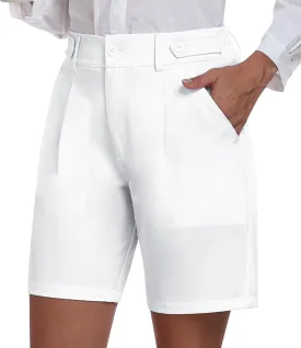 MoFiz Women's Shorts Dressy Casual Business Work Shorts Elastic Waist Straight Leg Pleated Summer Bermuda Shorts with Pockets