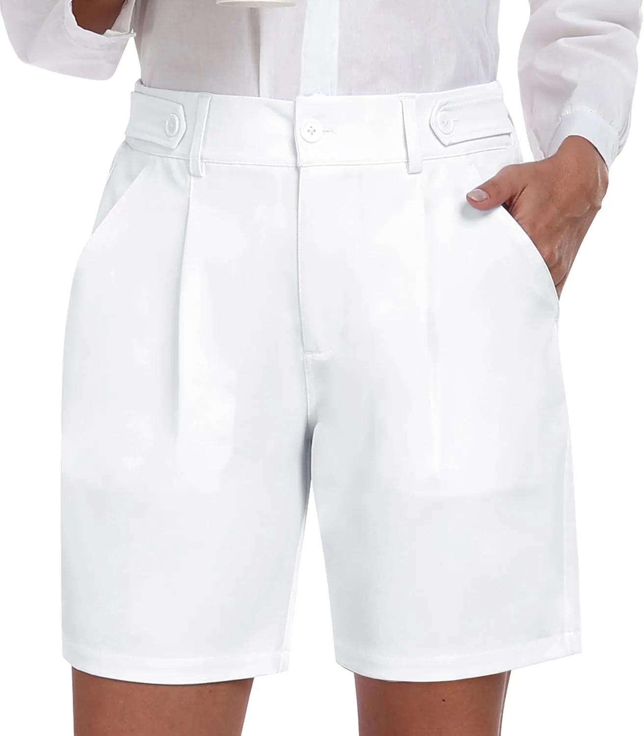 MoFiz Women's Shorts Dressy Casual Business Work Shorts Elastic Waist Straight Leg Pleated Summer Bermuda Shorts with Pockets