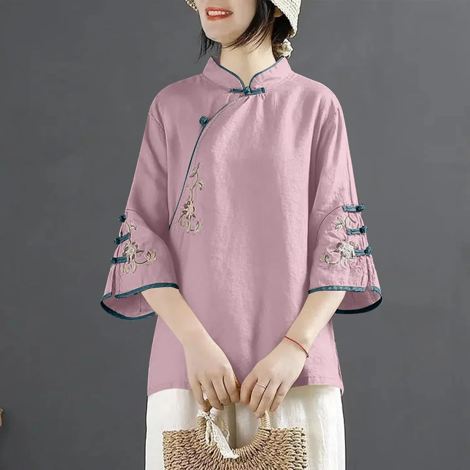 Mzkdieey Women's Cotton Linen Floral Embroidered Tops Retro Chinese Style Blouse Traditional Mandarin Collar 3/4 Sleeve Shirt