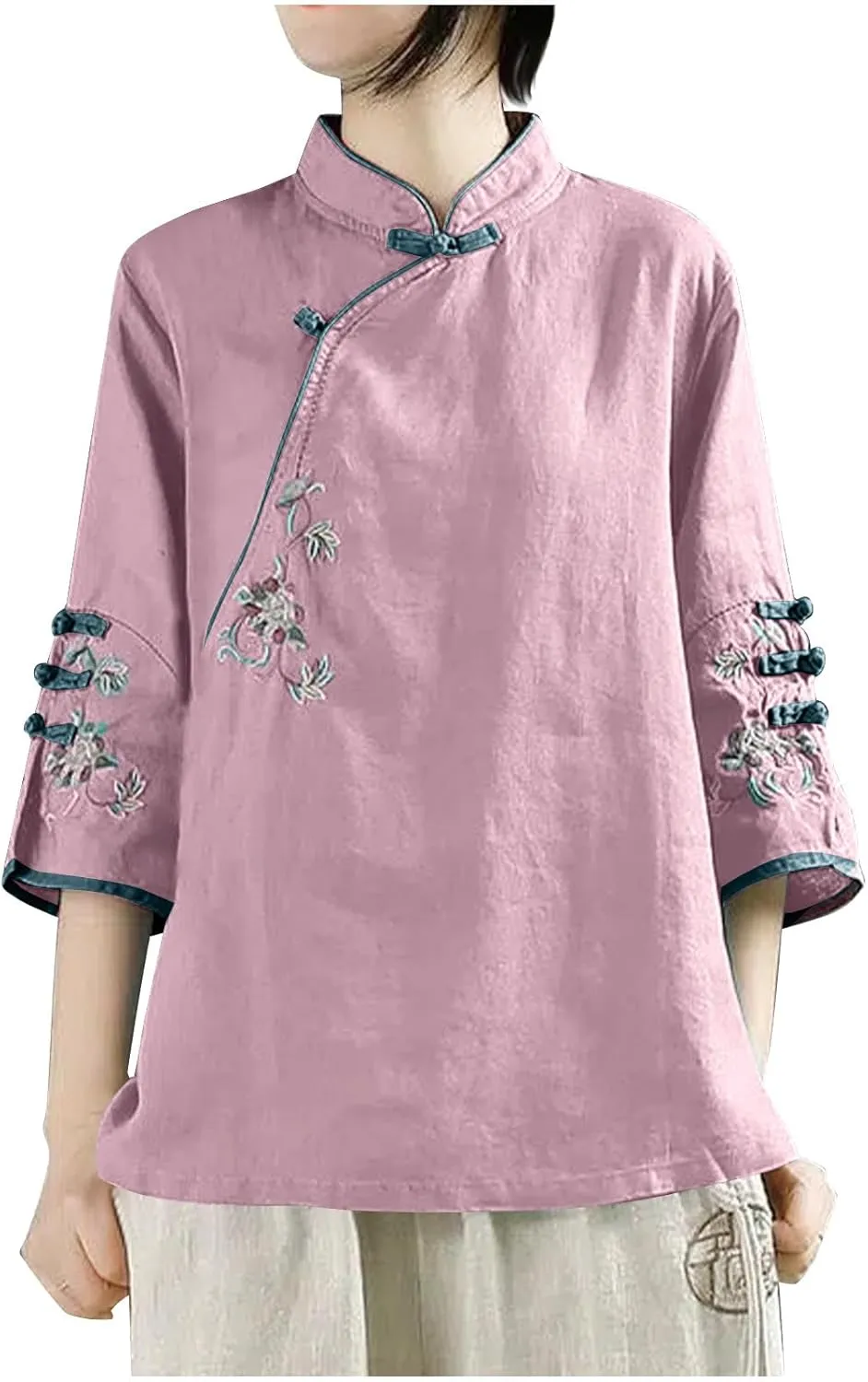 Mzkdieey Women's Cotton Linen Floral Embroidered Tops Retro Chinese Style Blouse Traditional Mandarin Collar 3/4 Sleeve Shirt