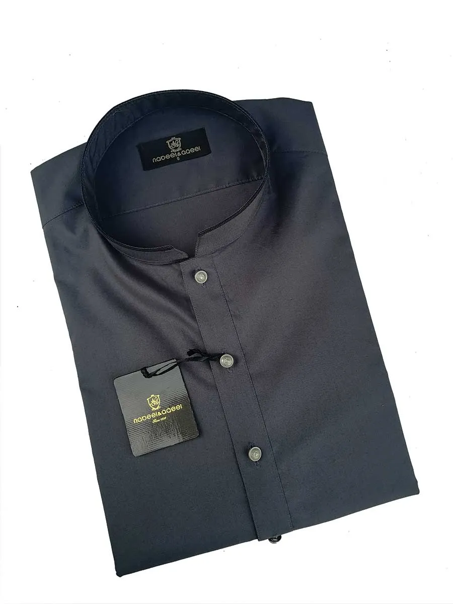 Nabeel Aqeel Kameez Shalwar Cotton Slim Dark Grey with Black Piping Silver Button NKSS0058