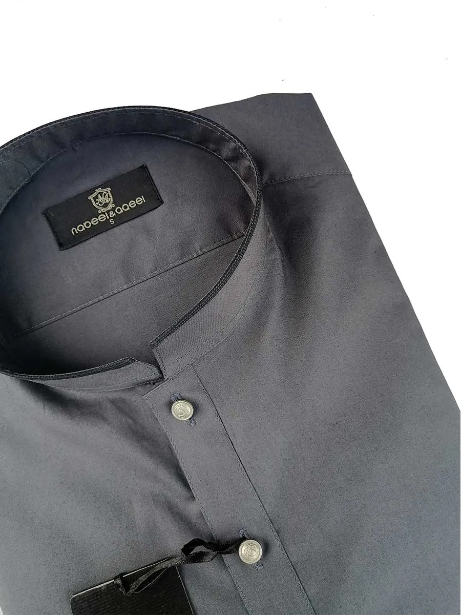 Nabeel Aqeel Kameez Shalwar Cotton Slim Dark Grey with Black Piping Silver Button NKSS0058