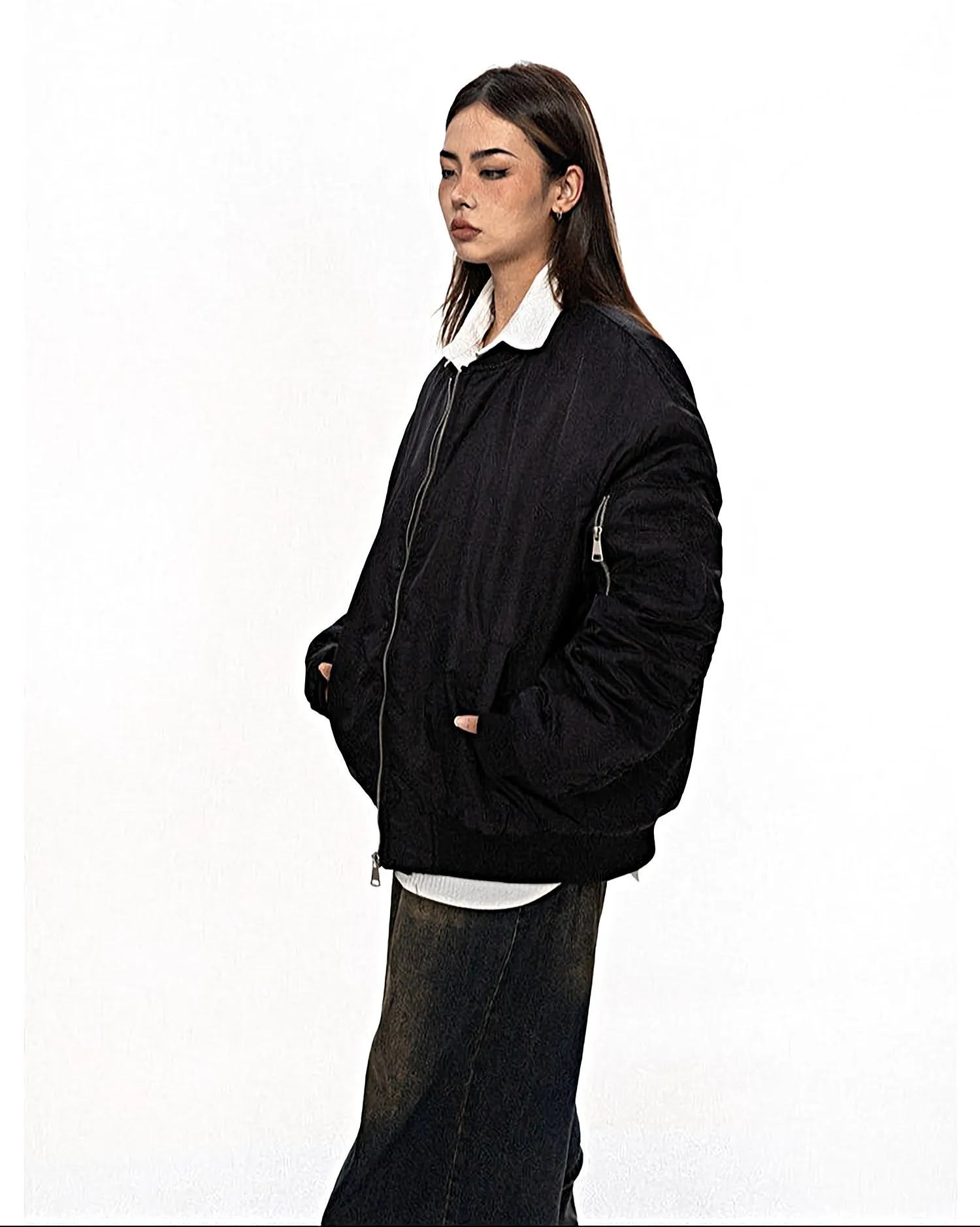 Oversized Bomber Jacket with Zip Pocket Detail