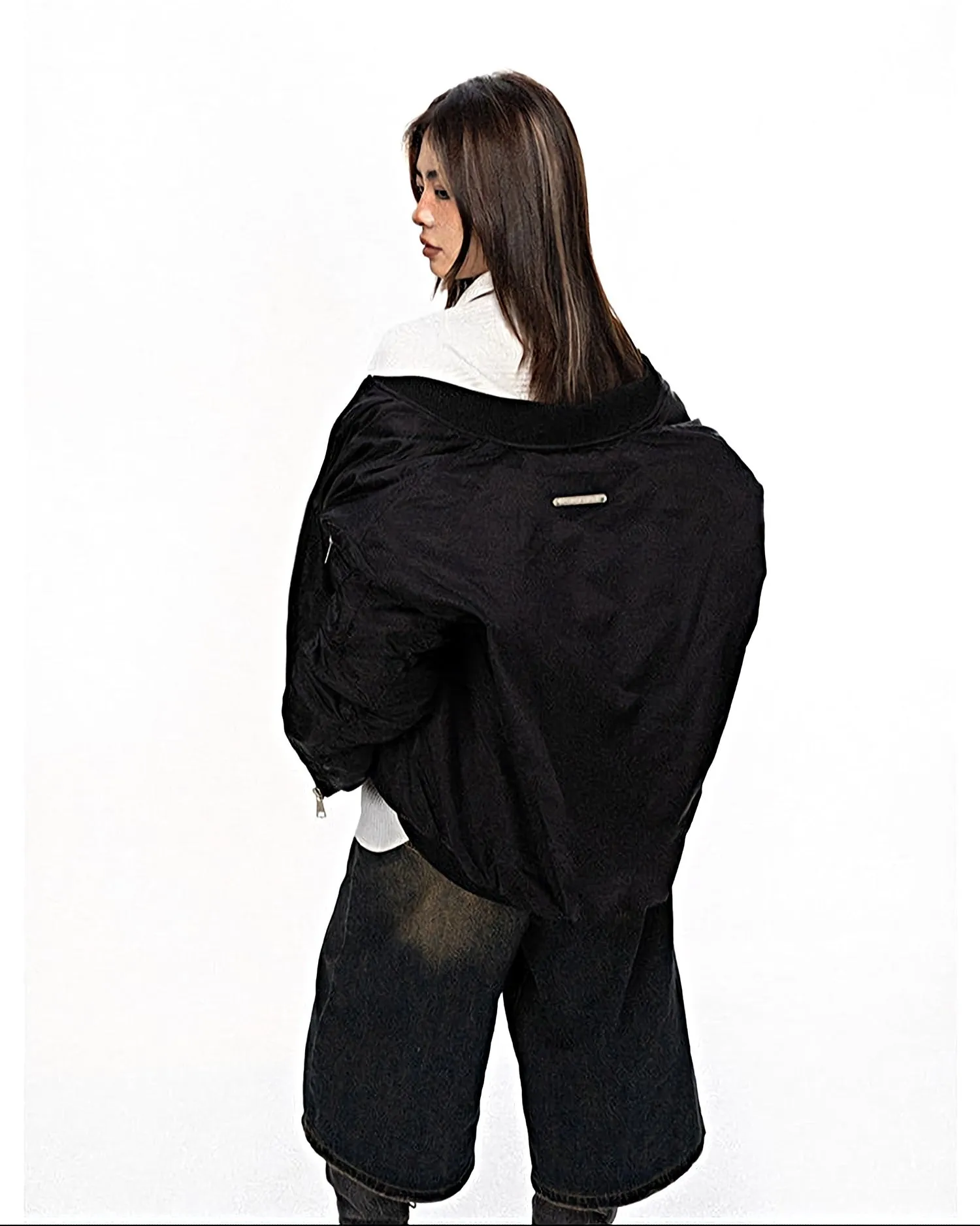 Oversized Bomber Jacket with Zip Pocket Detail