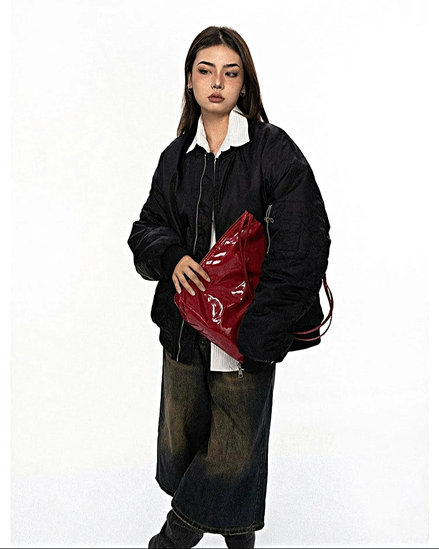 Oversized Bomber Jacket with Zip Pocket Detail
