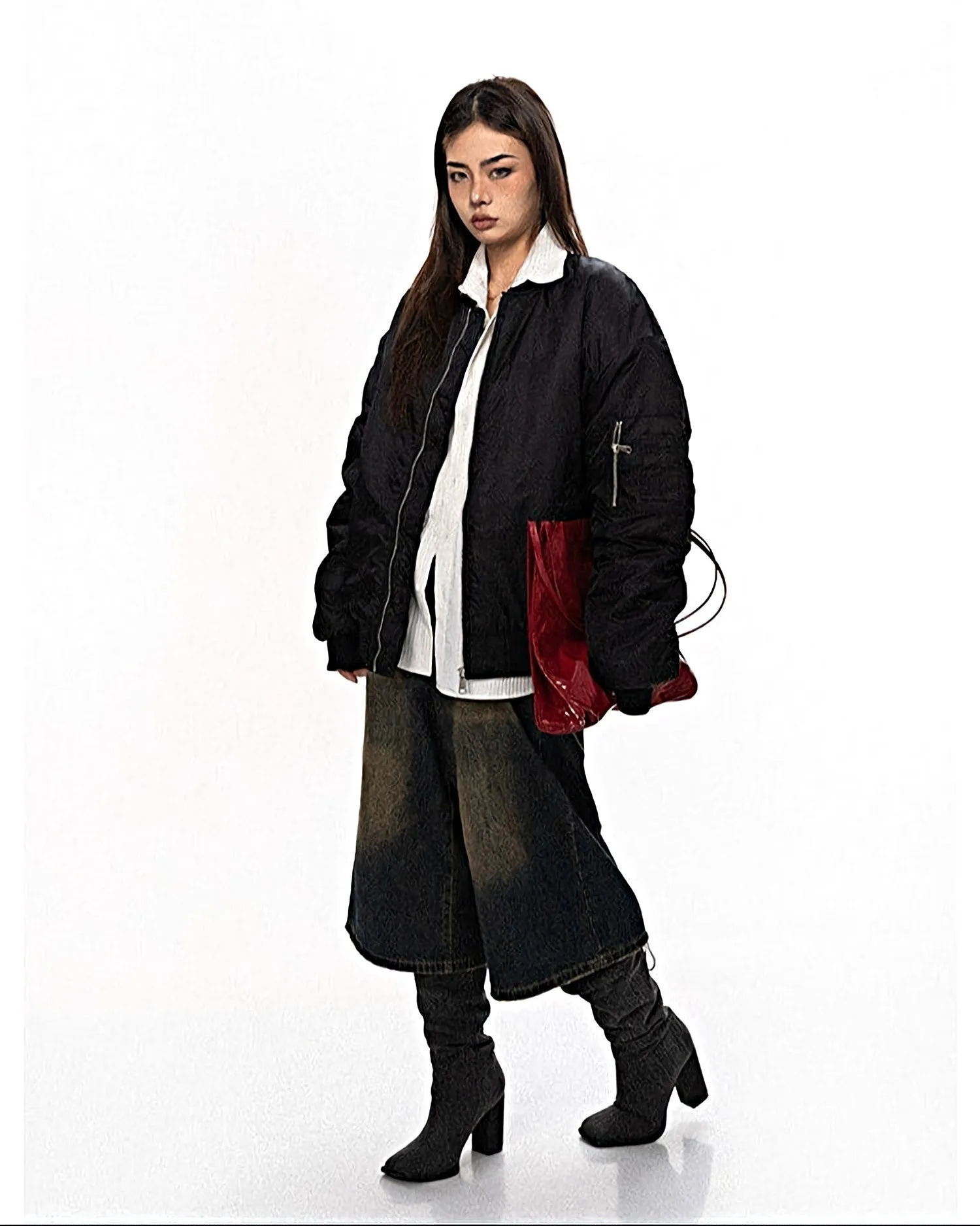 Oversized Bomber Jacket with Zip Pocket Detail