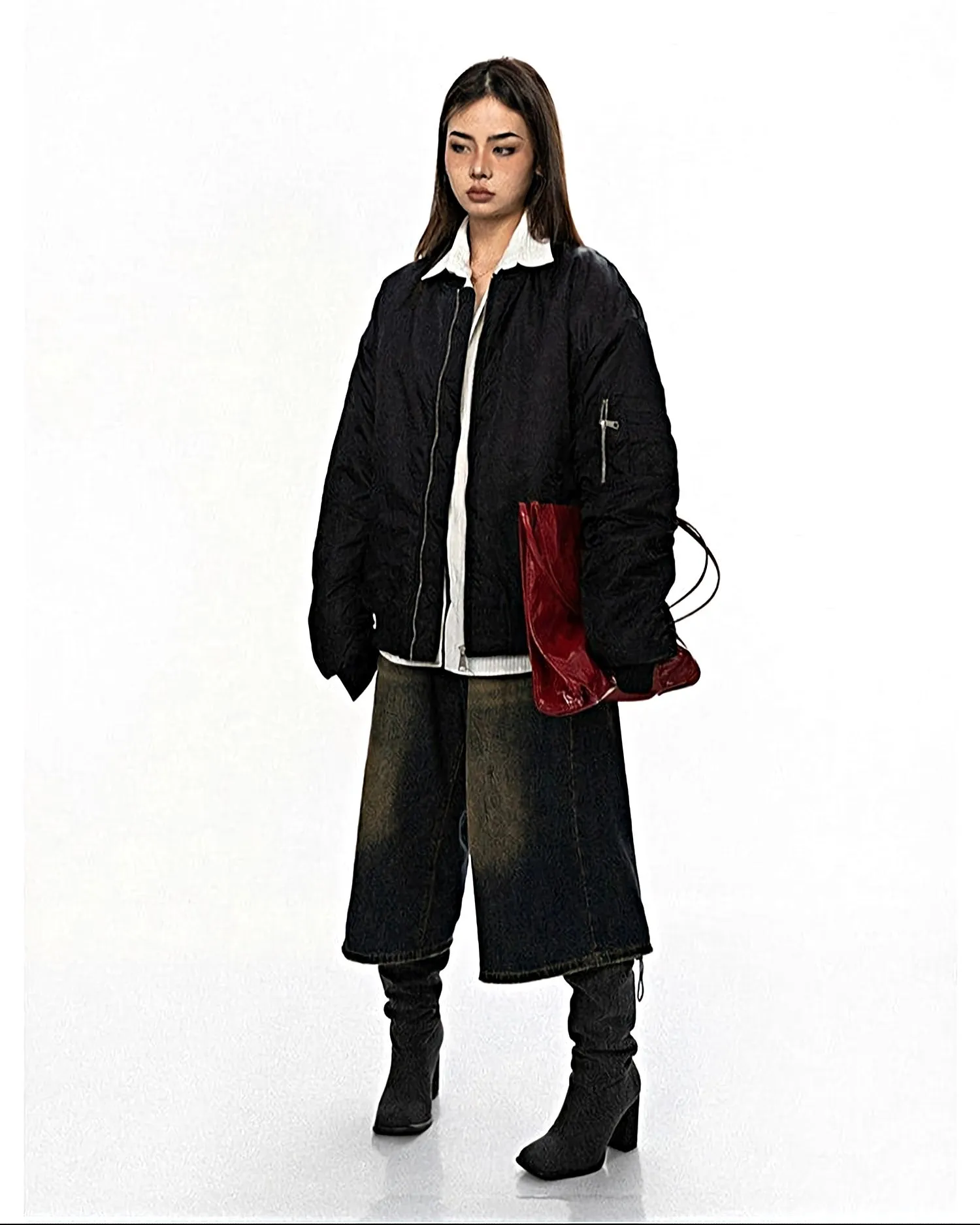 Oversized Bomber Jacket with Zip Pocket Detail