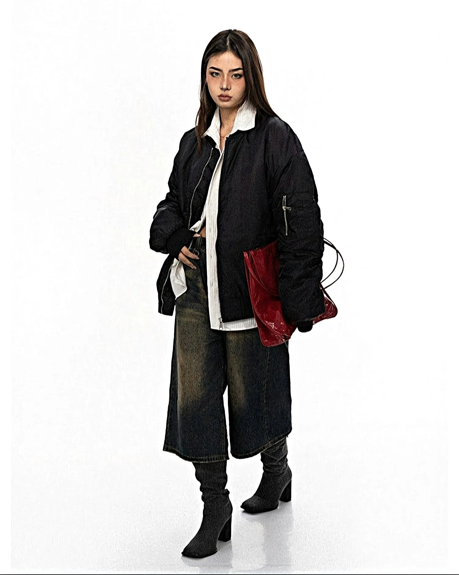Oversized Bomber Jacket with Zip Pocket Detail