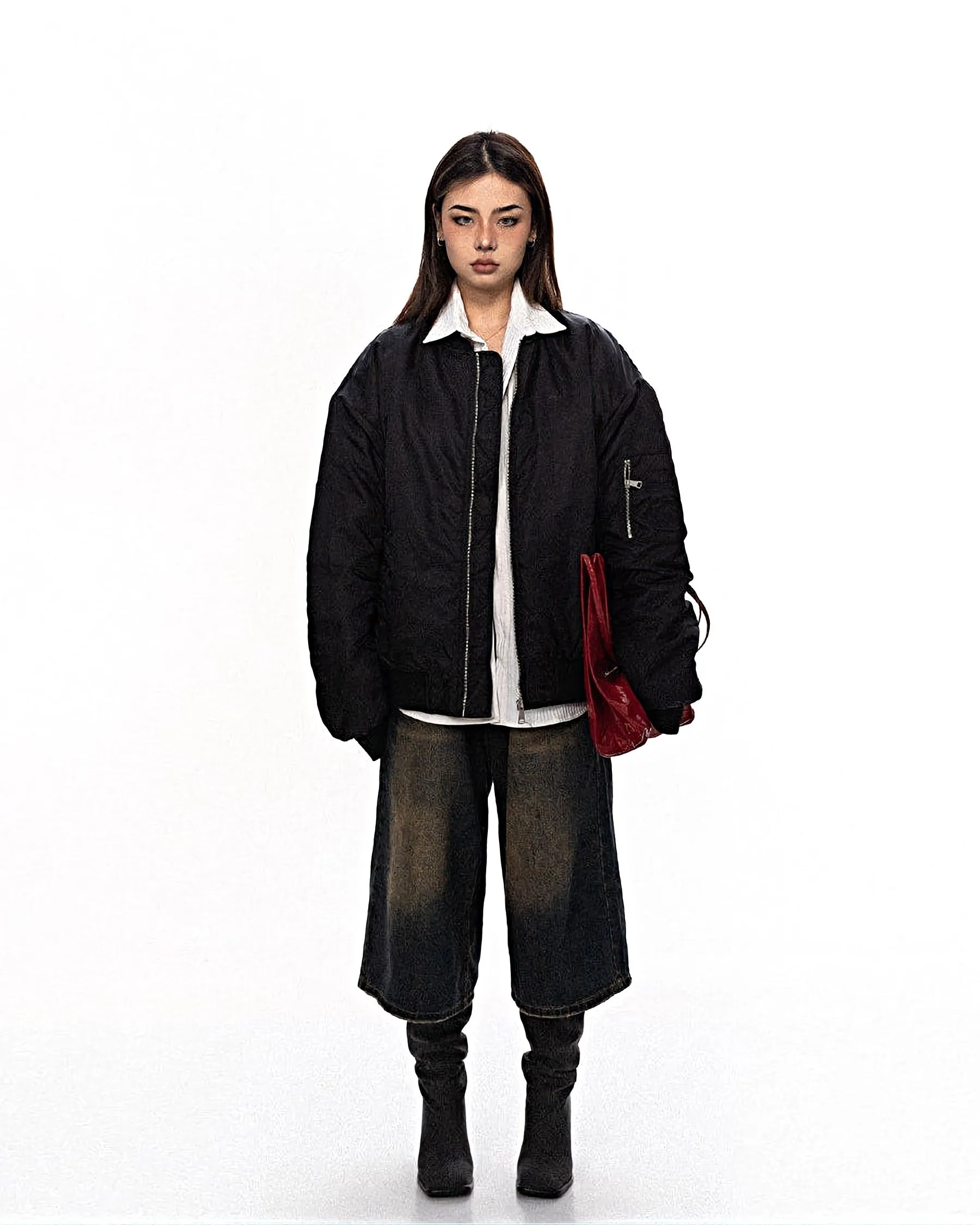 Oversized Bomber Jacket with Zip Pocket Detail