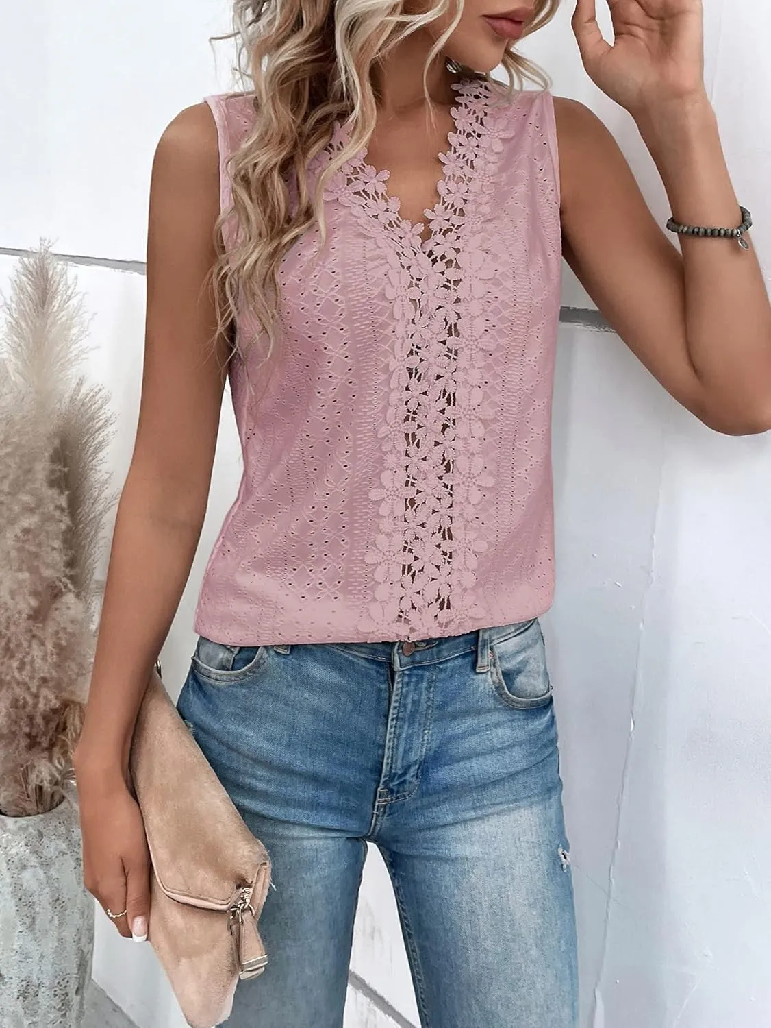 OYOANGLE Women's Guipure Lace V Neck Vest Tank Top Sleeveless Workwear Office Blouse