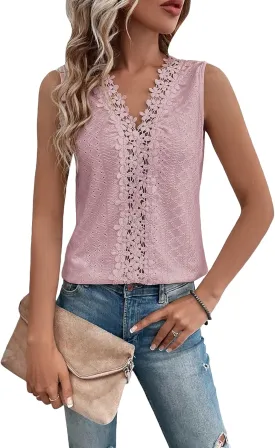 OYOANGLE Women's Guipure Lace V Neck Vest Tank Top Sleeveless Workwear Office Blouse