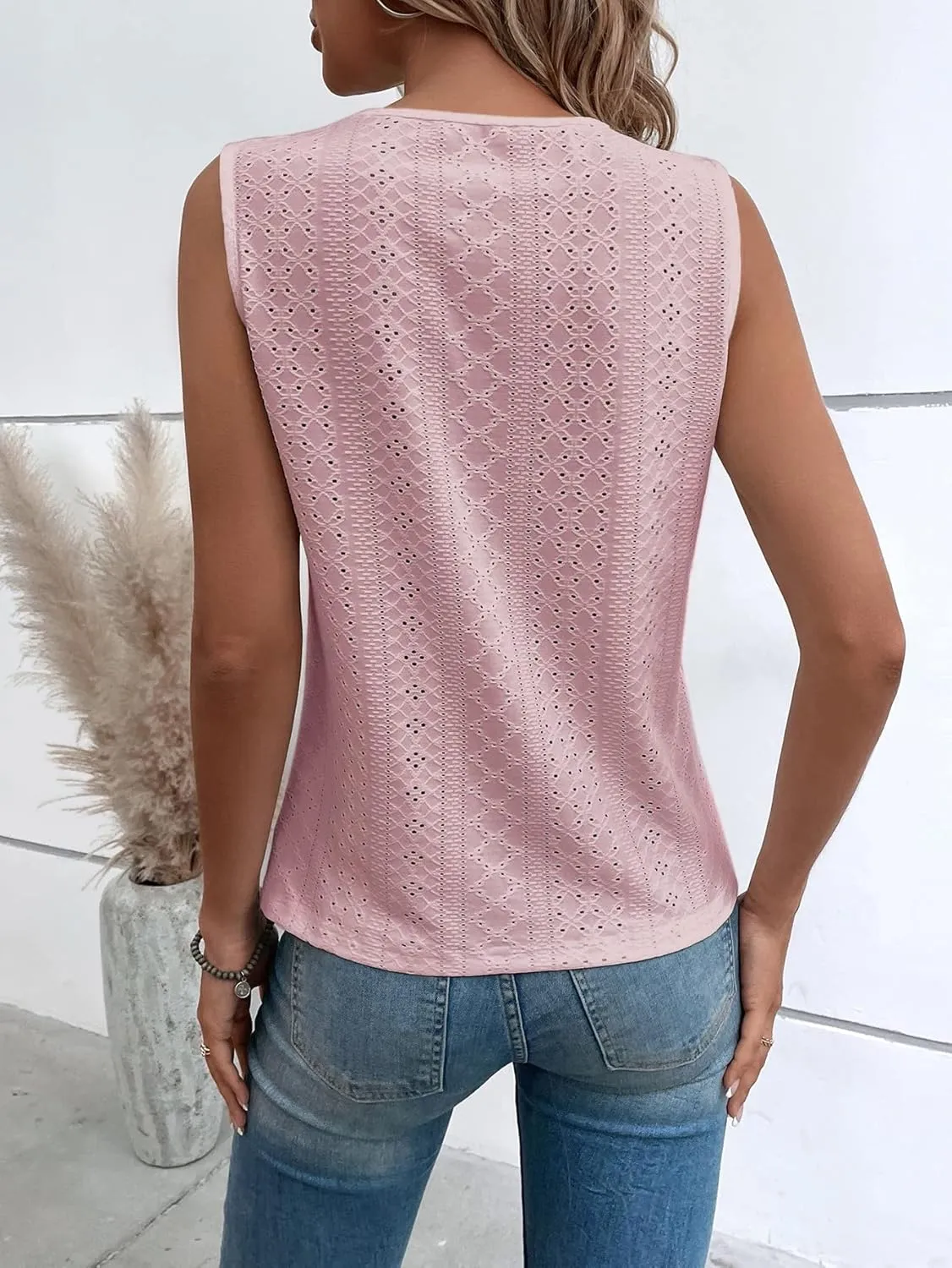 OYOANGLE Women's Guipure Lace V Neck Vest Tank Top Sleeveless Workwear Office Blouse