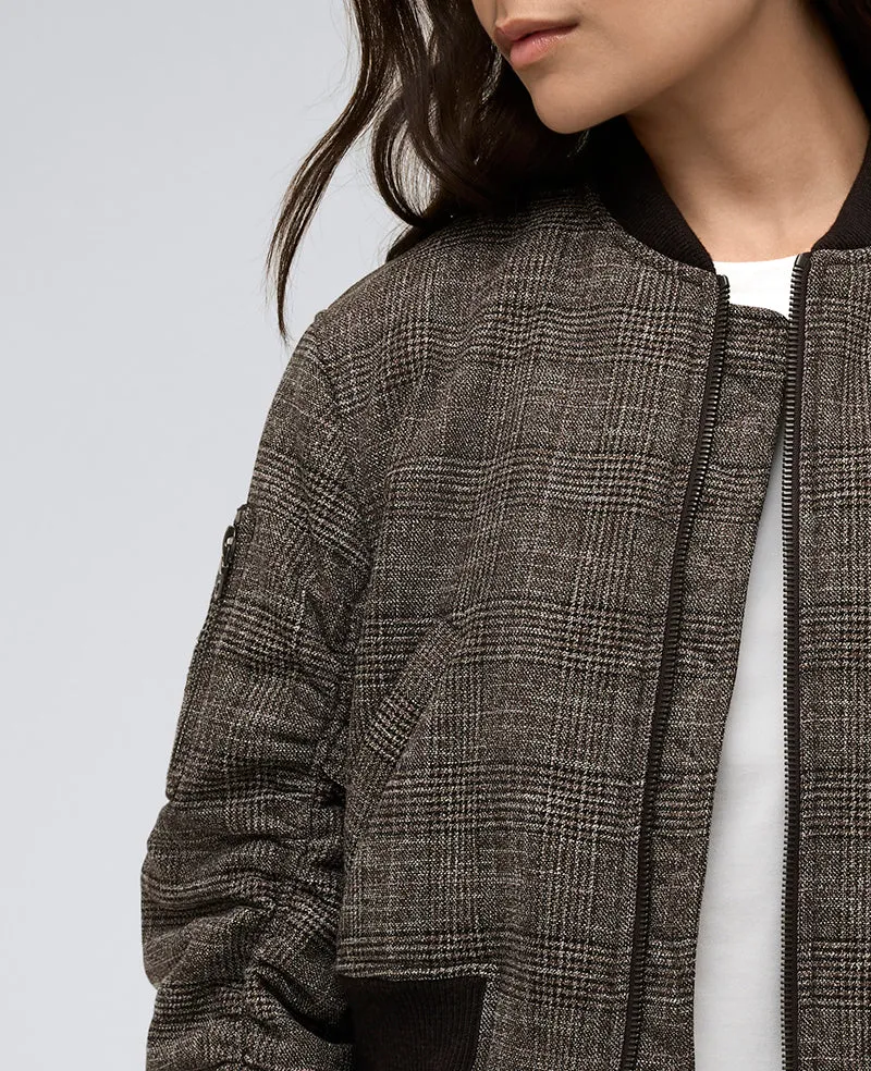 Plaid Cropped Bomber W/ Shirred Sleeves