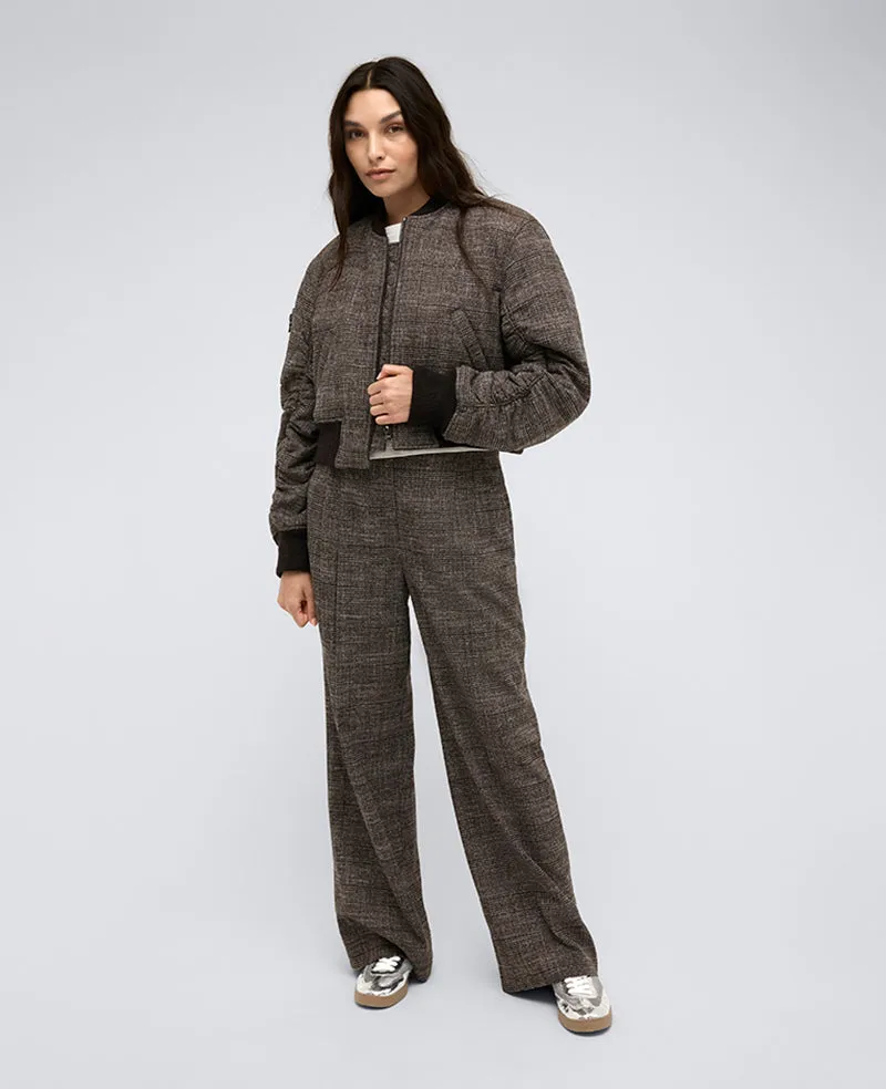 Plaid Cropped Bomber W/ Shirred Sleeves