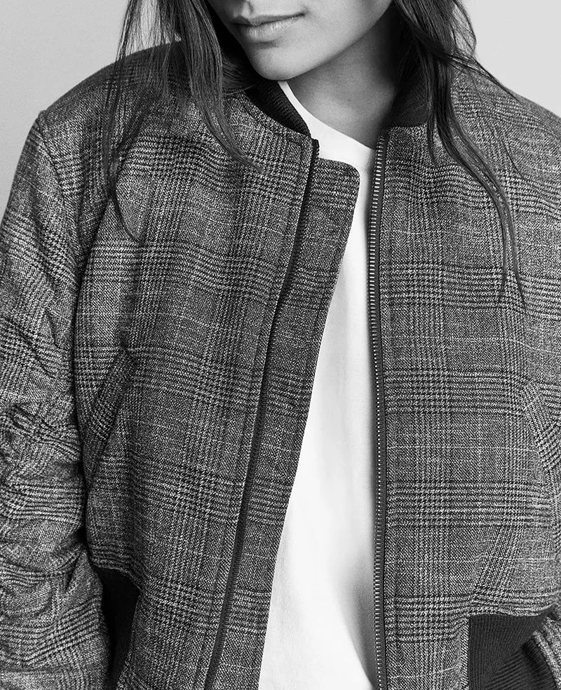 Plaid Cropped Bomber W/ Shirred Sleeves