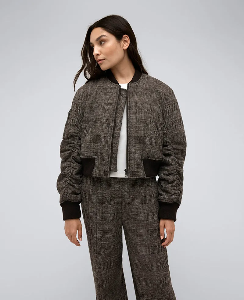 Plaid Cropped Bomber W/ Shirred Sleeves