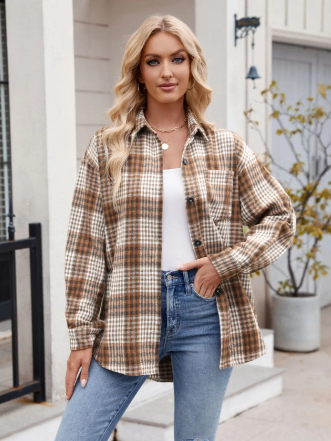 Pocketed Plaid Long Sleeve Shirt