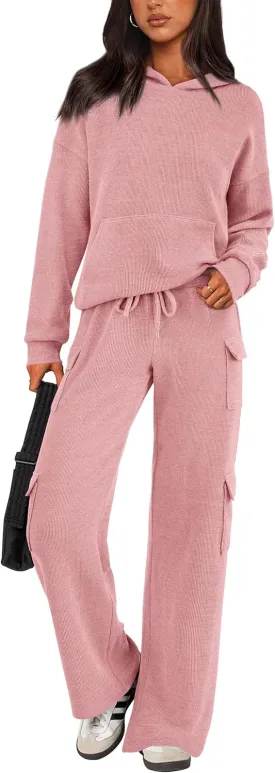 PRETTYGARDEN Women's 2 Piece Lounge Sets 2025 Fall Knitted Hoodie Pullover Tops Cargo Pants Matching Outfits Tracksuits